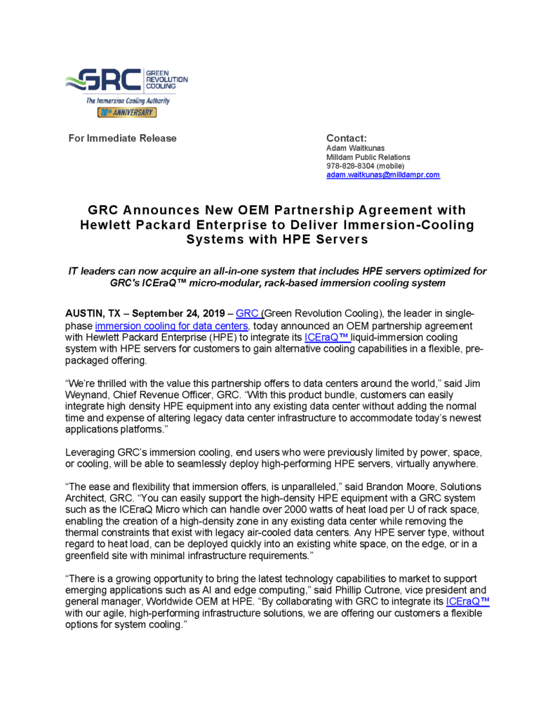 IT leaders can now acquire an all-in-one system that includes HPE servers optimized for GRC's ICEraQ™ micro-modular, rack-based immersion cooling system