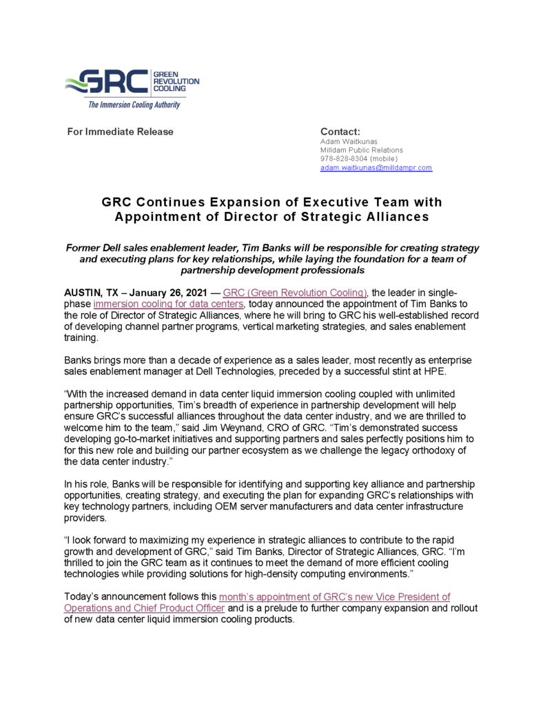 GRC Continues Expansion of Executive Team with Appointment of Director of Strategic Alliances.