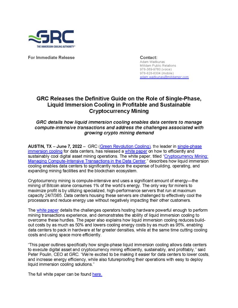 GRC details how liquid immersion cooling enables data centers to manage compute-intensive transactions and address the challenges associated with growing crypto mining demand.